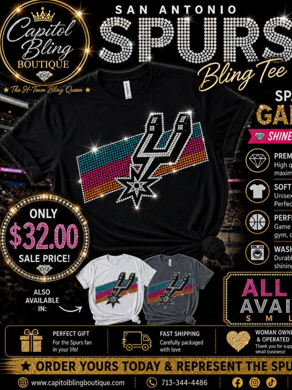 San Antonio Rhinestone Bling Tee | Crystal Game Day Shirt | Women's Boutiq